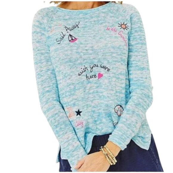 Lilly Pulitzer Danette Sweater Celestial Blue Sailabration Embroidery Size M NWT - Picture 1 of 16
